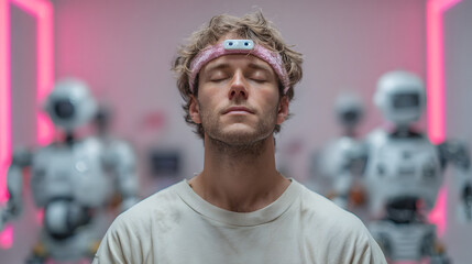 Man with EEG headband meditating with robots in background, futuristic concept