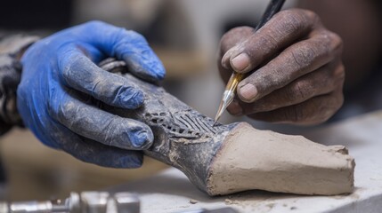 Hands of a prosthetist smoothing and refining a limb socket focusing on tactile detail to enhance the prosthetics fit during an individualized patient consultation.
