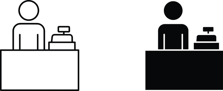 Professional retail cashier icon set featuring solid and outline silhouettes of a person at a store checkout counter.