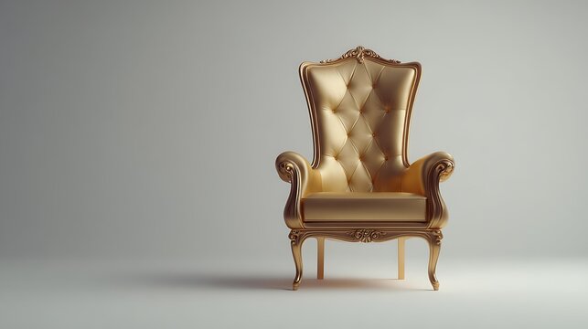 Golden king chair isolated on white background monarchy concept rich and opulent tone bright studio lighting commercial furniture photography centered composition, Realistic Photo