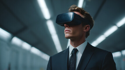 Man in suit wearing VR headset exploring virtual reality in modern environment