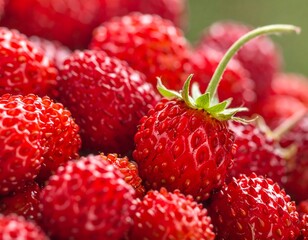 Close-up view of a cluster of ripe red berries with green stems in vibrant macro detail