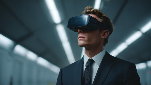 Man in suit wearing VR headset exploring virtual reality in modern environment - Powered by Adobe