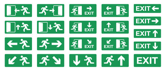 Set of green emergency exit signs with running man icons, arrows, and exit text, showing safe evacuation routes and directions. Ideal for fire safety plans, public buildings, offices, hospitals, malls © Anshdeep