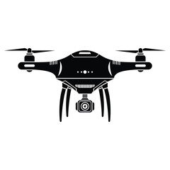 Black and white drone with action camera on white background. Silhouette of drone with action camera