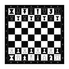 Black and white Chess board with chess pieces on white background