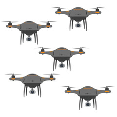 Set of five drones with action camera in flat style on white background
