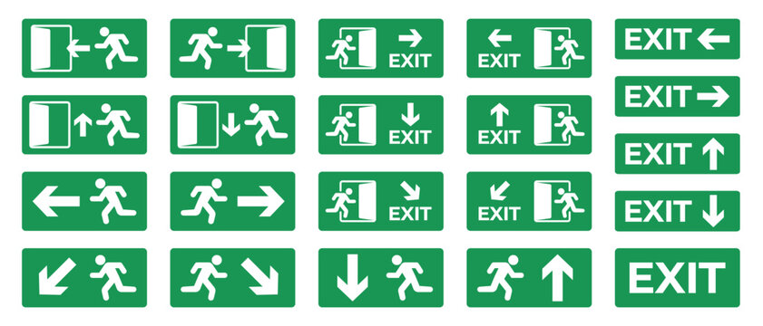 Set of green emergency exit signs with running man icons, arrows, and exit text, showing safe evacuation routes and directions. Ideal for fire safety plans, public buildings, offices, hospitals, malls