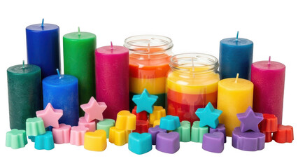 Colorful candles and wax shapes isolated on transparent background