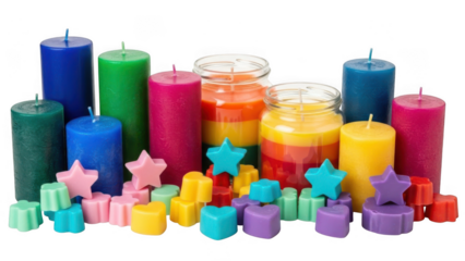 Colorful candles and wax shapes isolated on transparent background
