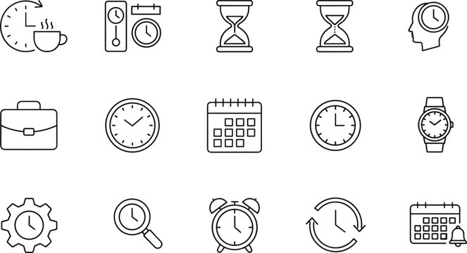 Professional time management icon set featuring coffee break hourglass calendars briefcase and alarm symbols for business productivity planning.