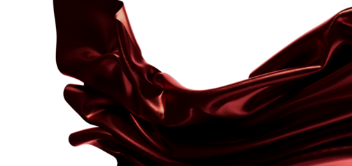 Elegant burgundy fabric with glossy texture gently flowing isolated on white background. Perfect for