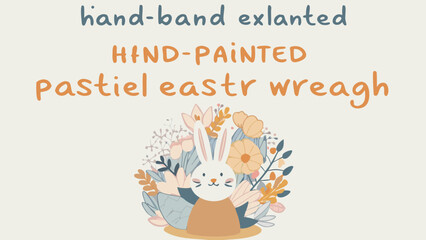 Hand painted easter bunny with pastel flowers and leaves surrounded by decorative elements on cream background