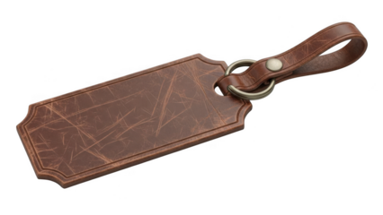 Vintage leather luggage tag isolated on transparent background