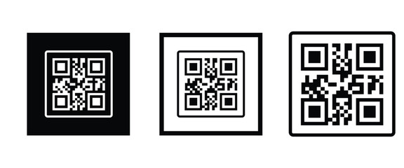 Fototapeta premium Three bold black square frames, each containing a classic black and white QR code pattern. Clean, minimalist vector design arranged horizontally on transparent background. Ideal for tech branding.