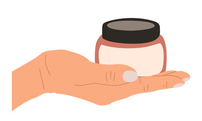 Minimalist vector illustration of a hand holding a pink glass jar with black lid and cream label, flat design style isolated on transparent background.