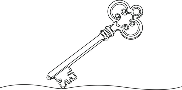 Ornate skeleton key emerging from a line drawing of ground