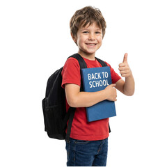 Happy schoolboy wearing a red t-shirt and backpack holding a blue "Back to School" book and giving a thumbs up