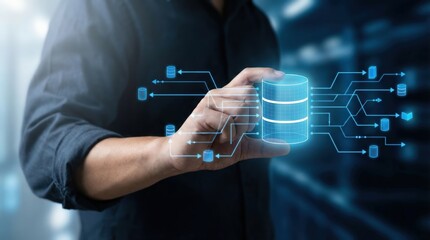 Businessman holding a glowing blue digital database icon connected to a network, representing data management, cloud storage, and big data technology in a modern server room environment
