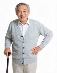 Senior asian man with walking stick isolated on white background.