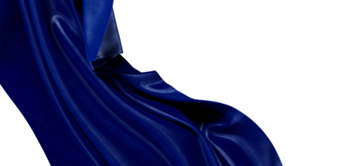 Close up of abstract blue fabric in a wave shape on white background. Elegant textured material design for various uses.