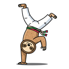 Obraz premium Cute sloth doing capoeira handstand in white uniform – funny martial arts animal cartoon vector illustration EPS