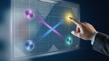 Futuristic digital interface interaction with hand touching glowing element on holographic screen displaying chart and arrows for data analysis and strategy planning