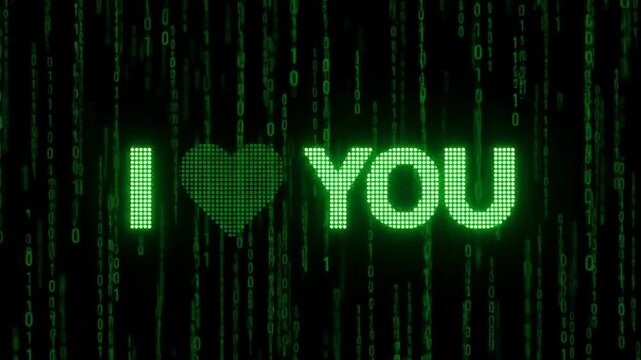 Green digital display with glowing text "I love you" amidst binary code, showcasing a romantic message, camera zooms in for emphasis on love expression