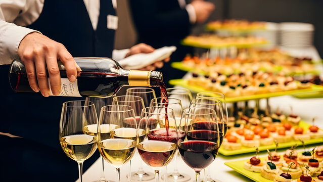 A person pouring wine into glasses on a table with various food at a buffet or restaurant event with multiple wine glasses