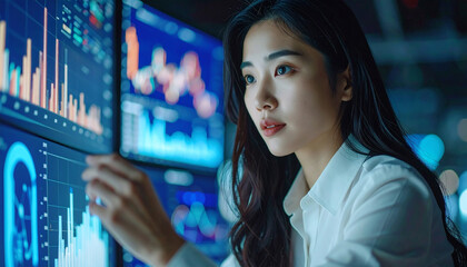 Data Analysis Expert: A focused analyst meticulously examines real-time data on multiple screens, her face illuminated by the glow of the monitors in a dynamic office setting.