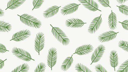 Seamless pattern featuring various green palm leaves and tropical foliage scattered randomly across a clean white background for a natural feel.