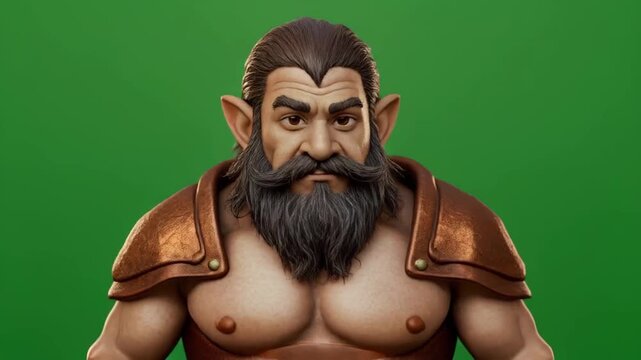 Serious Dwarf Portrait Black Beard Brown Eyes Green Background