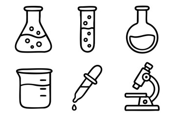 Obraz premium Science laboratory and chemistry equipment icons set in outline doodle style