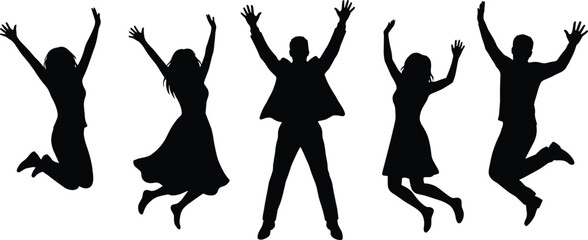 Happy people jumping silhouettes, men women celebrating success joy poses, energetic group party freedom concept, black human figures, isolated vector, cad drawing flat vectorWeb
