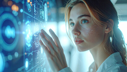 Visionary in Tech: A focused female scientist interacts with a holographic interface, embodying the innovative spirit of technology.