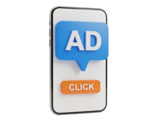 Smartphone screen displaying an advertisement with a blue speech bubble and orange button on isolated transparent background