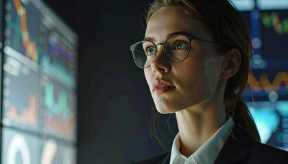 Strategic Analysis: A focused analyst meticulously studies complex data visualizations, the dim lighting accentuating the intricate displays and the depth of the analytical process.