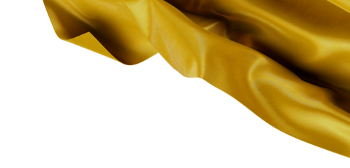 A close-up shot of gold fabric flowing gracefully against a pristine white background. Captures the texture and elegance