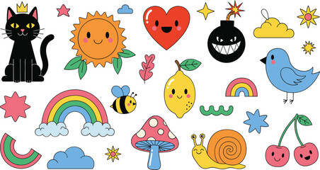 Cute cartoon doodle elements set with animals fruits weather and fantasy icons isolated on white background vector © Sumon Creative