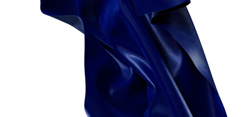 An elegant, abstract shot of blue fabric swirling gracefully against a bright white background. Evokes feelings of seren