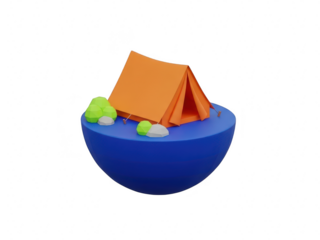 A 3d illustration of an orange tent on a blue hemisphere with green and gray rocks isolated on transparent background