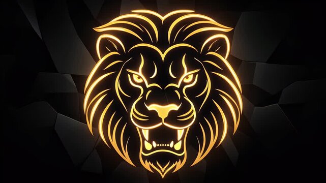 Striking golden neon outline of a lion's head with a fierce expression on a dark textured background.