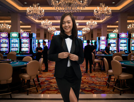 Professional Asian woman in black tuxedo posing in a luxury casino interior with slot machines and gaming tables. Concept for hospitality, gambling industry, and nightlife
