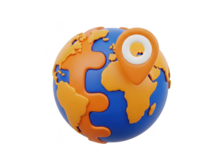 Globe with orange map pin on top showing world locations on transparent background