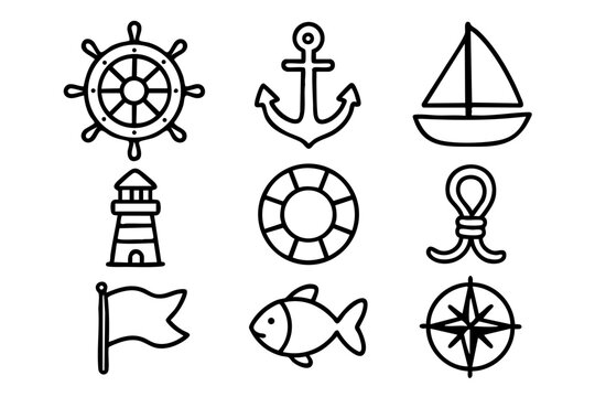 Nautical and marine icons set with sea and sailing symbols in outline doodle style