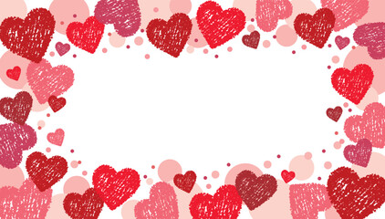 かわいいクレヨンハートのフレーム背景/レッド