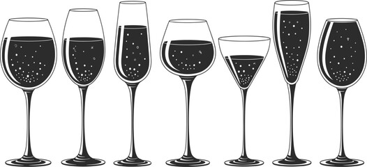 Elegant wine and champagne glass collection, black silhouette drinkware set for celebration parties and luxury events © MdMajnur