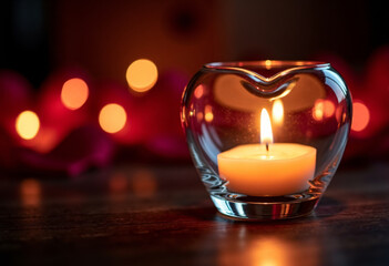 Soft candlelight reflected in glass heart, dark romantic background