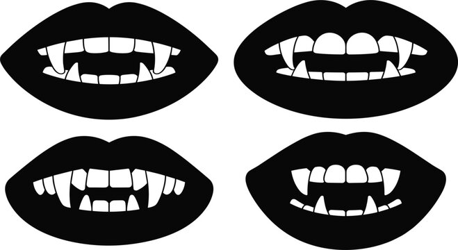 Spooky vampire fangs and lips silhouette set, gothic horror mouth illustrations for Halloween party graphic design