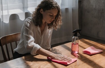 Home Cleaning Routine &ndash; Person Wiping Wooden Table with Pink Cloth and Spray Bottle in Sunlit Room, cleaning, home, routine, table, spray, cloth, sunlight, domestic